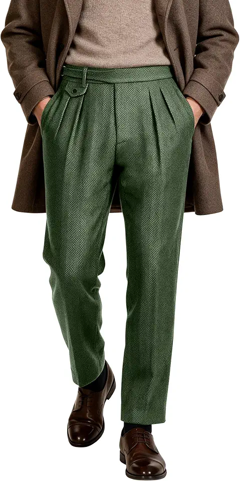 Retro Men's Tweed Dress Pants Herringbone Vintage Wool Suit Slacks Trousers