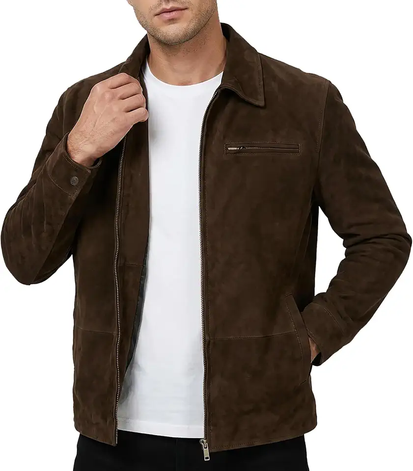 Suede Leather Jacket Mens Zip Up Vintage Shirt Style Casual Leather Jacket
