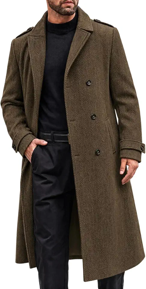 Runcati Mens Trench Coat Double Breasted Full Length Long Pea Coat