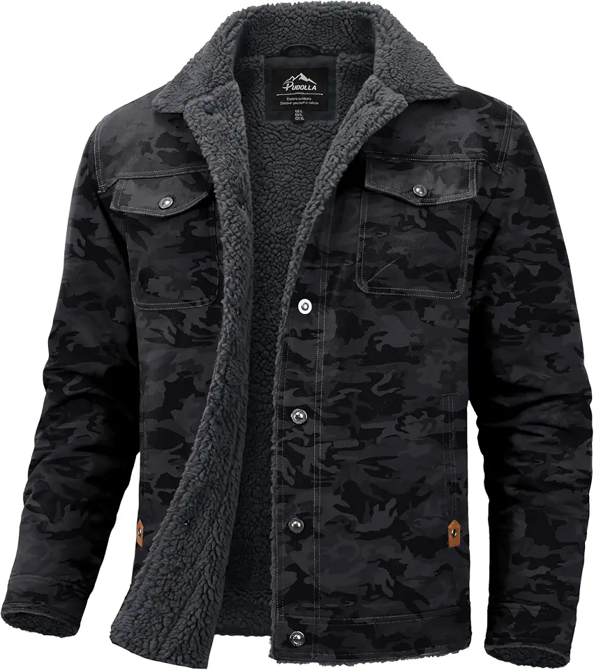 Pudolla Men's Winter Cotton Jacket Sherpa Fleece Work Casual Cargo Coat