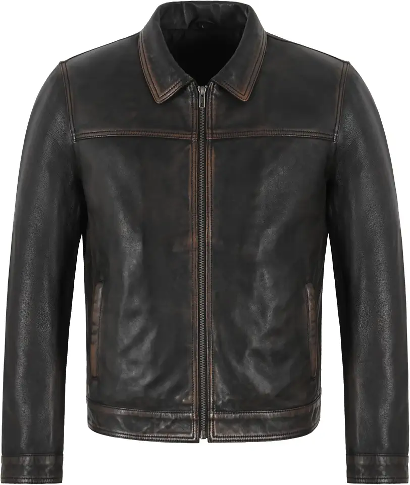 Men’s Genuine Leather Vintage Distressed Trucker Jacket Black Brown Zip Front Casual Biker Coat