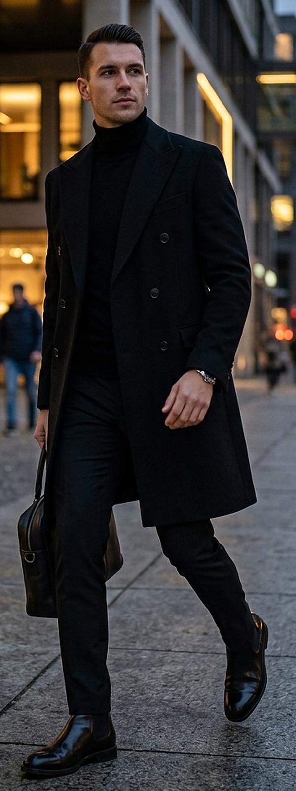 All-Black Urban Minimalist Cashmere Overcoat and Turtleneck with Chelsea Boots