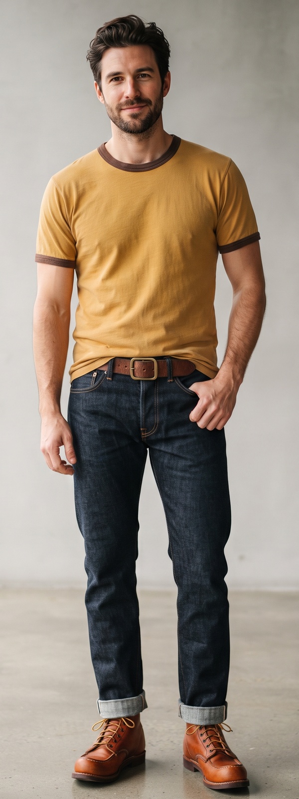 Americana Mustard Yellow Ringer Tee with Indigo Selvedge Jeans