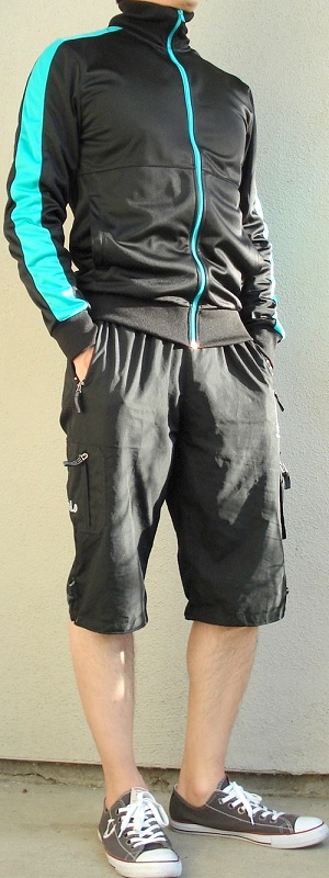 Athletic Black Track Jacket with Teal Stripes and Long Cargo Shorts Outfit