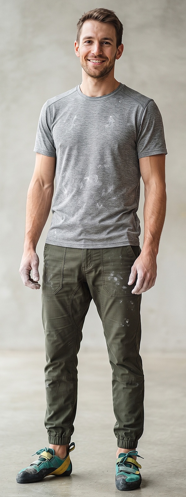 Athletic Grey Technical Tee and Olive Climbing Jogger Pants Gym Look