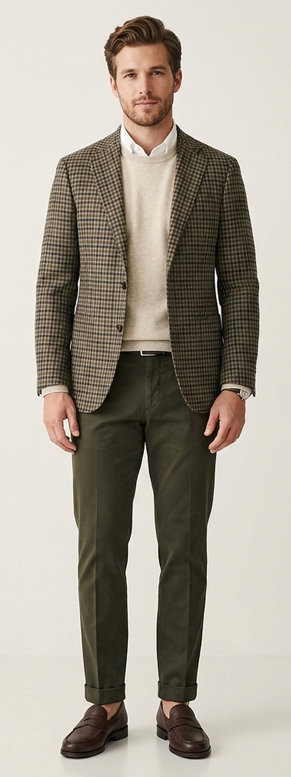 Tailored Autumn Guncheck Wool Sport Coat and Oatmeal Knit Look