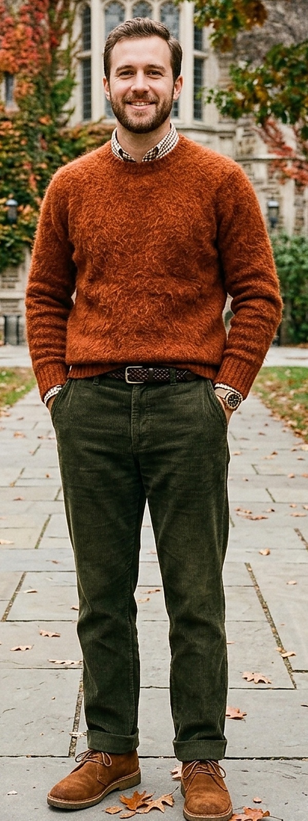 Autumn Ivy League Burnt Orange Shaggy Dog Sweater and Corduroy Look