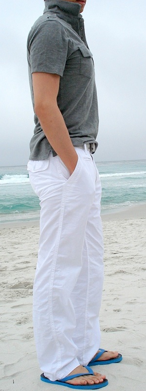 Beach Casual Grey Short Sleeve Polo Shirt with Relaxed White Pants and Blue Flip Flop Sandals