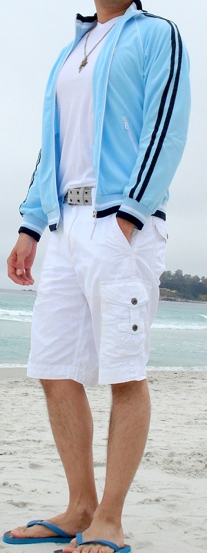 Beach Casual Light Blue Track Jacket with White Cargo Shorts and Sandals