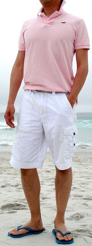 Beach Casual Light Pink Polo Shirt with White Cargo Shorts and Sandals