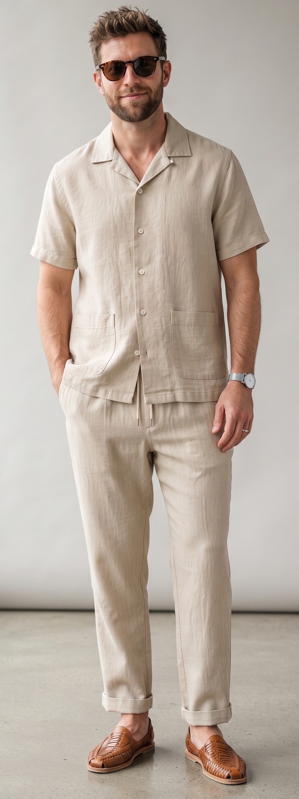 Monochrome Beige Linen Camp-Collar Shirt With Drawstring Pants and Woven Loafers
