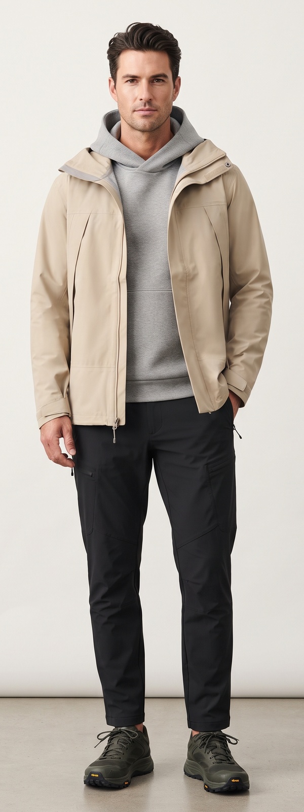 Beige Technical Shell Jacket Grey Hoodie and Black Cargo Pants Look