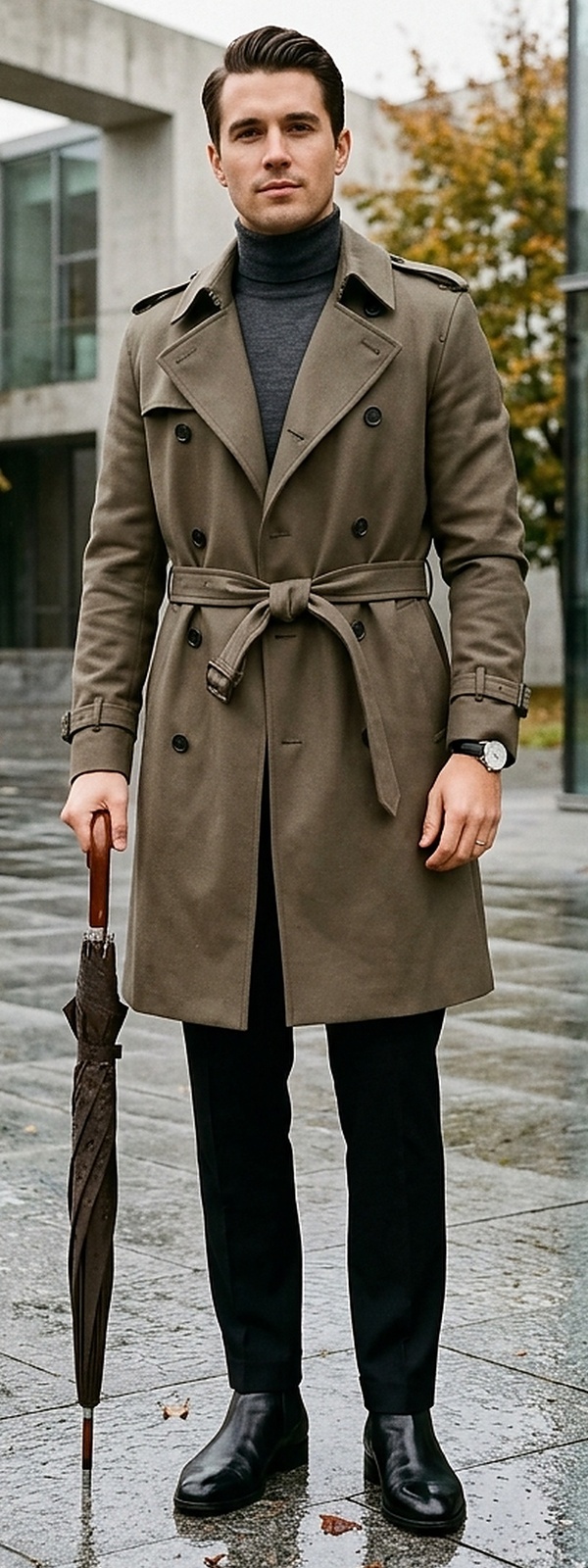 Modern Belted Olive Wool Trench Coat Charcoal Turtleneck Autumn Look