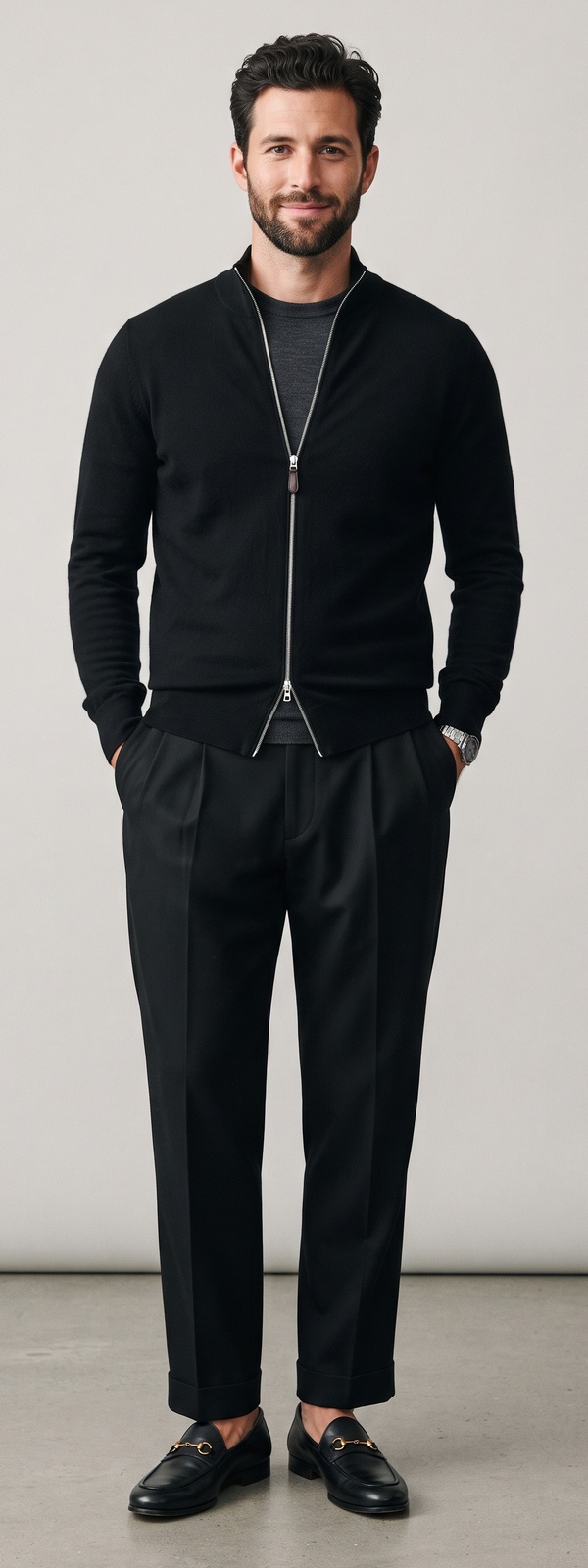 Black Full Zip Bomber Cardigan with Charcoal Tee and Pleated Trousers