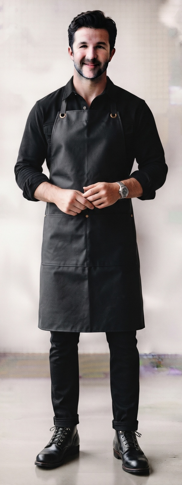 Black Canvas Workshop Apron with Button Shirt and Service Boots