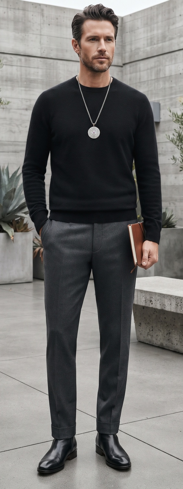Black Cashmere Crewneck, Grey Flannel Trousers, and Chelsea Boots