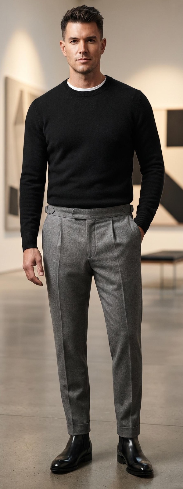 Black Cashmere Crewneck, Grey Flannel Trousers & Chelsea Boots