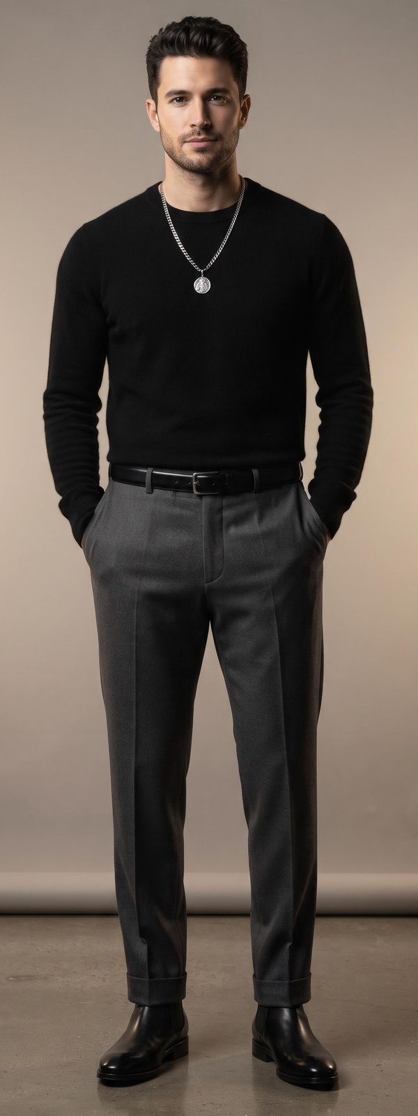 Black Cashmere Sweater, Silver Medallion Necklace and Charcoal Dress Pants