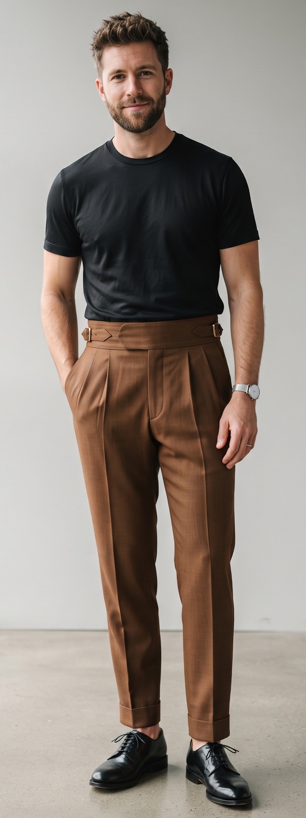 Fitted Black Crewneck Tee With Tobacco Brown Gurkha Dress Pants and Black Derbies