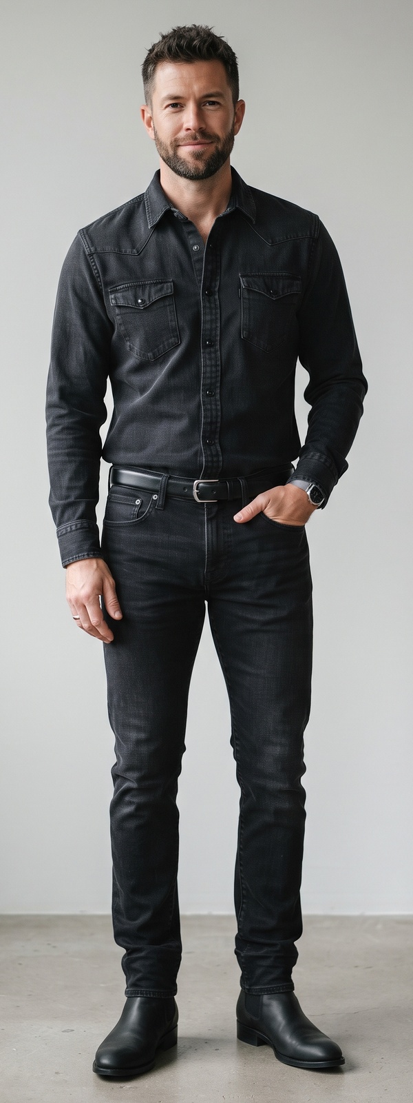 Washed-Black Denim Western Shirt With Black Slim-Fit Jeans and Leather Chelsea Boots