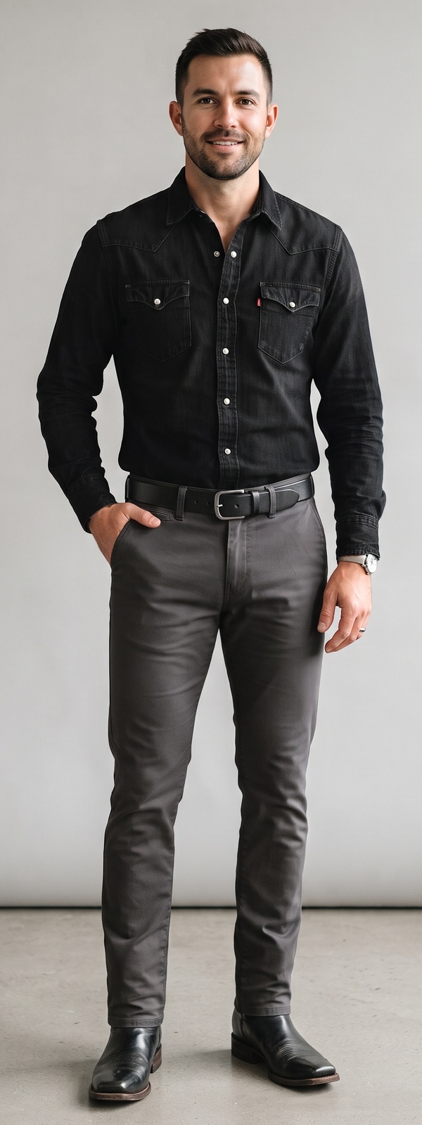 Black Denim Western Snap Shirt With Charcoal Slim Chinos and Square-Toe Cowboy Boots