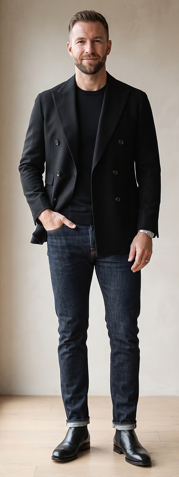 Black Double Breasted Blazer Black Knit and Dark Indigo Jeans Outfit