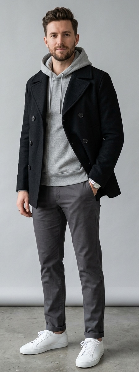 Matte Black Double-Breasted Peacoat with Heather Grey Pullover Hoodie and Charcoal Chinos