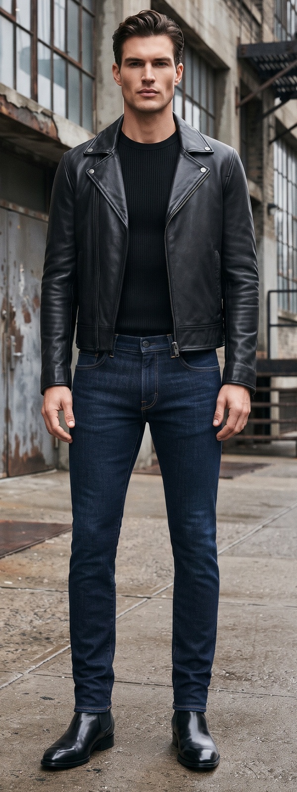 Black Leather Biker Jacket, Ribbed Knit, and Slim Indigo Jeans