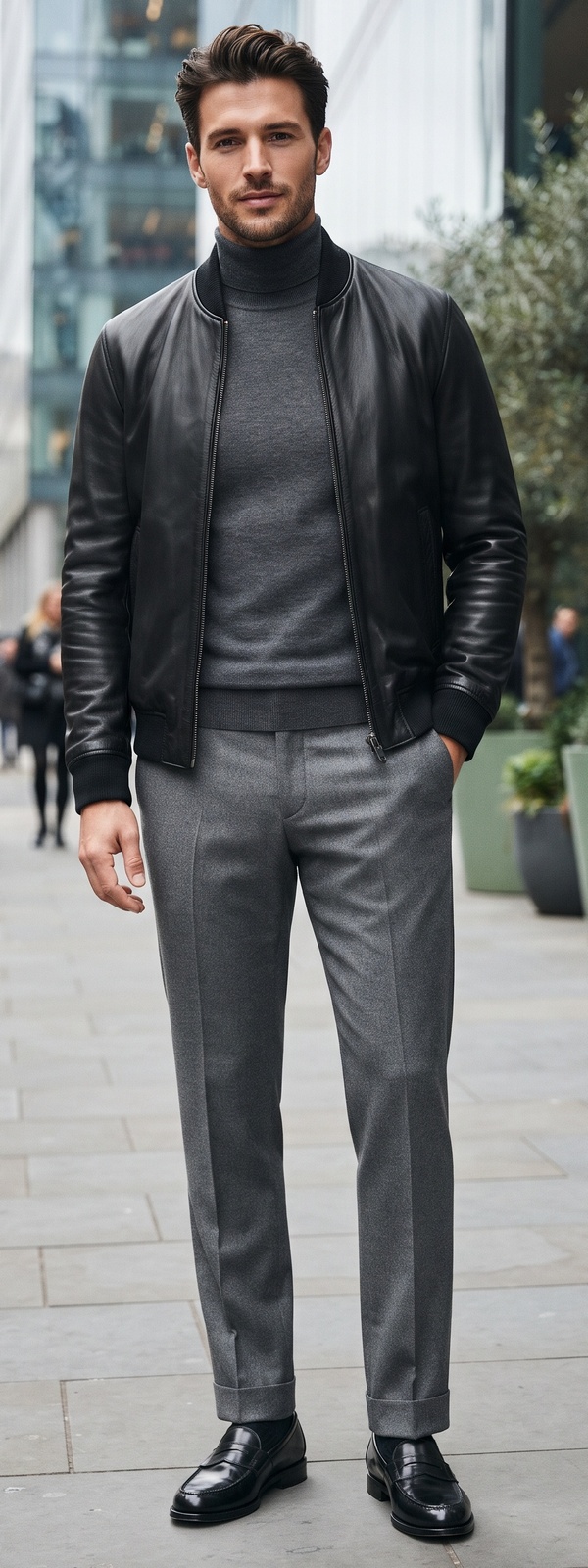 Black Leather Bomber, Charcoal Turtleneck & Flannel Trousers