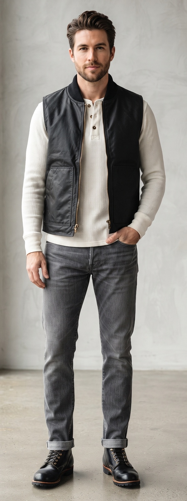Black Leather Bomber Vest with Cream Waffle Henley Shirt
