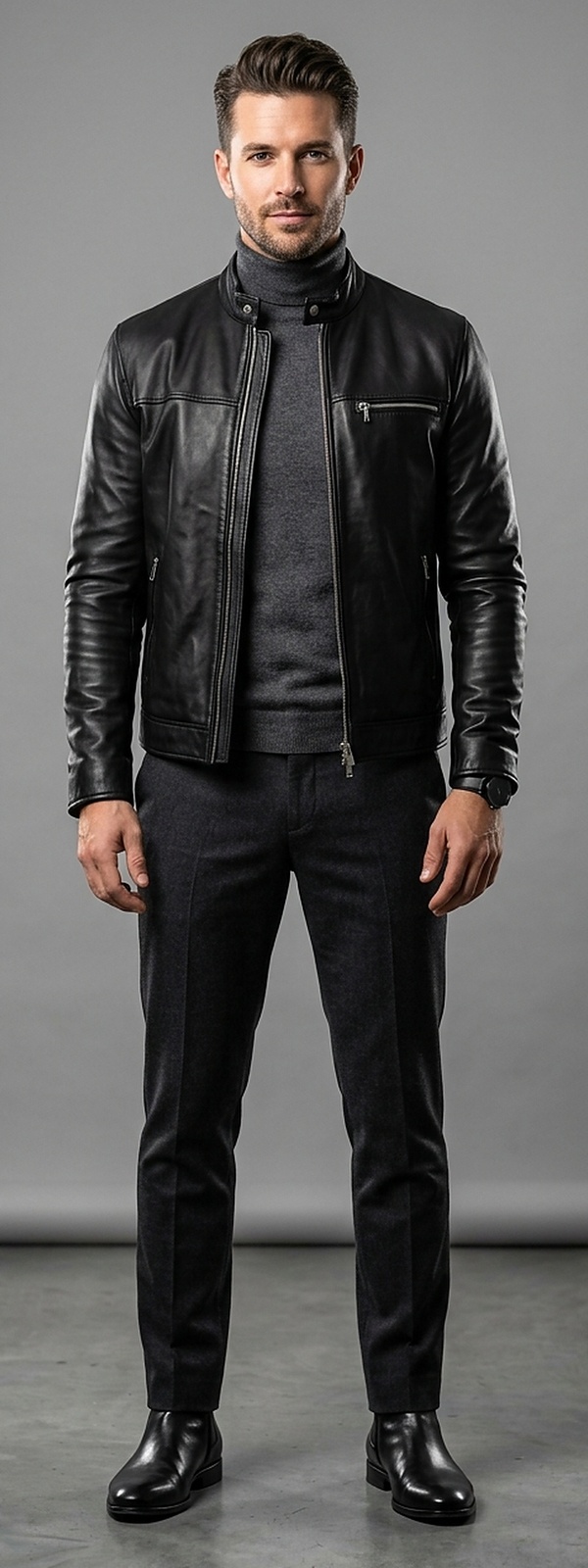 Modern Night Out Black Leather Cafe Racer Jacket with Charcoal Turtleneck and Wool Trousers