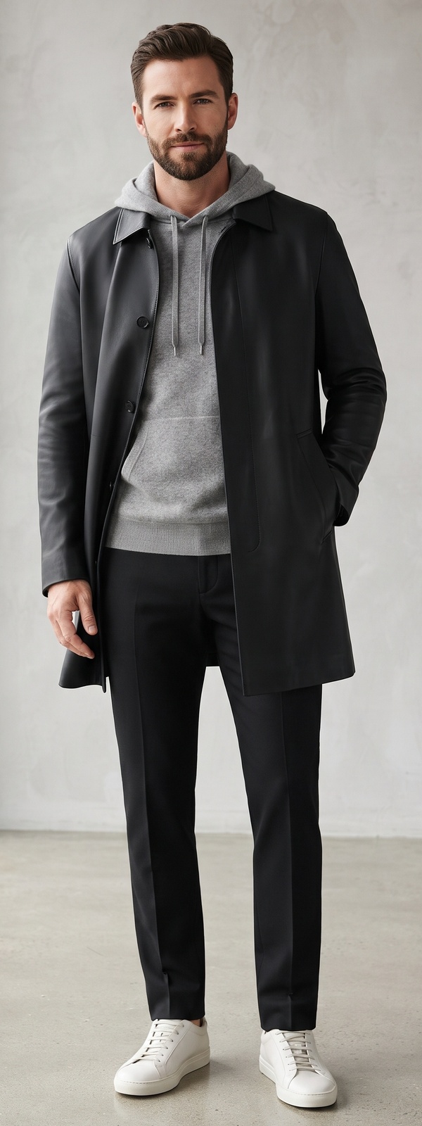 Black Leather Car Coat with Grey Cashmere Hoodie and Dress Pants
