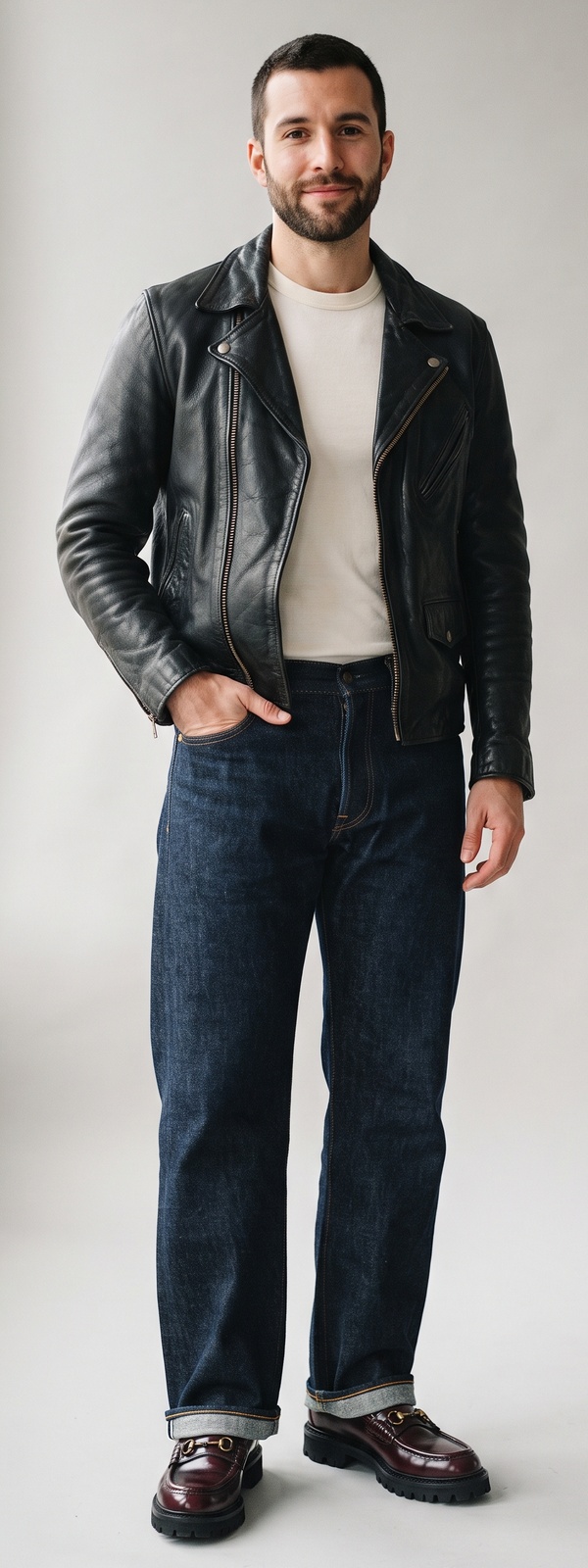 Black Pebbled Leather Moto Jacket Over Cream Crewneck Tee With Selvedge Jeans and Horsebit Loafers