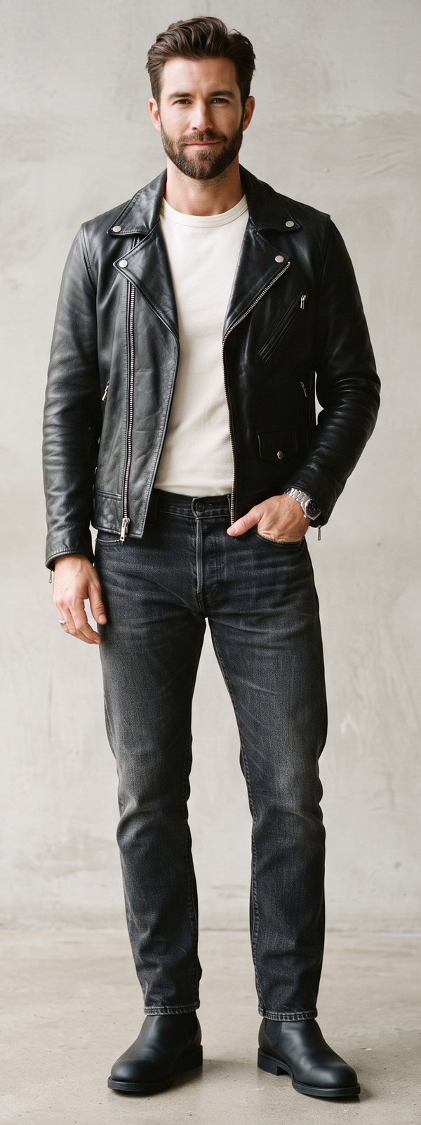 Black Leather Moto Jacket with Faded Jeans and Chelsea Boots