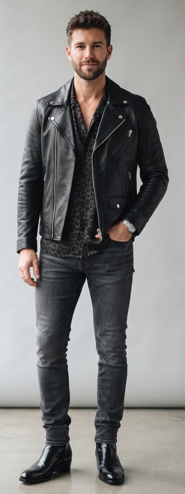 Black Leather Moto Jacket Over Dark Leopard-Print Shirt With Faded Grey Jeans and Harness Boots