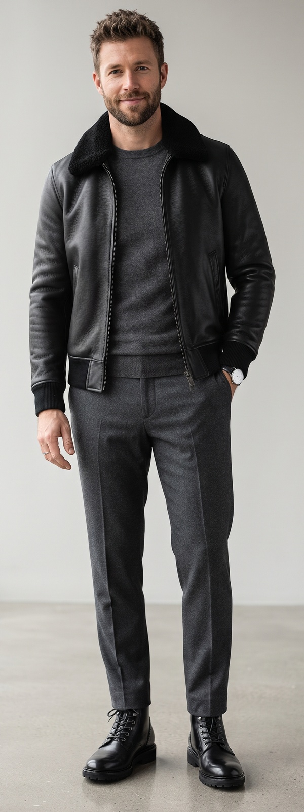 Black Leather Shearling-Collar Bomber Jacket With Charcoal Sweater and Flannel Pants