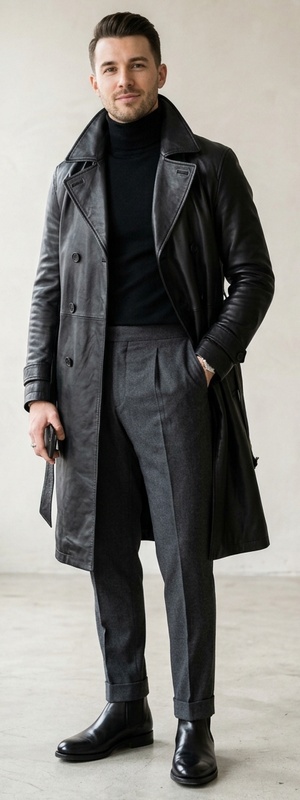 Long Black Leather Trench Coat with Charcoal Wool Dress Pants and Chelsea Boots