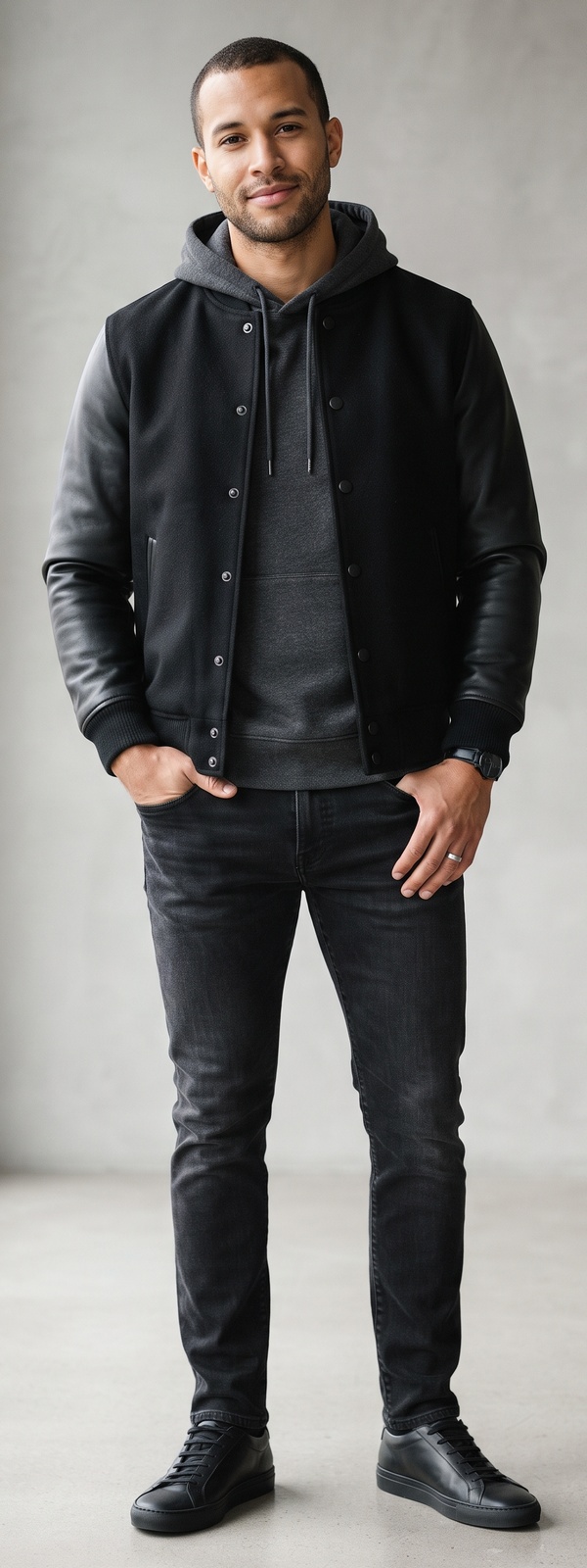All-Black Leather-Sleeve Varsity Jacket and Charcoal Hoodie With Black Jeans