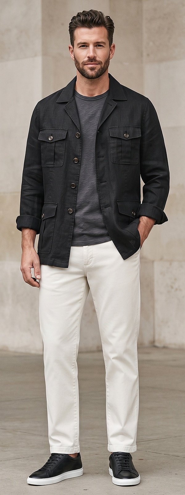 Black Linen Safari Jacket and Off-White Chino Pants Smart Casual Outfit