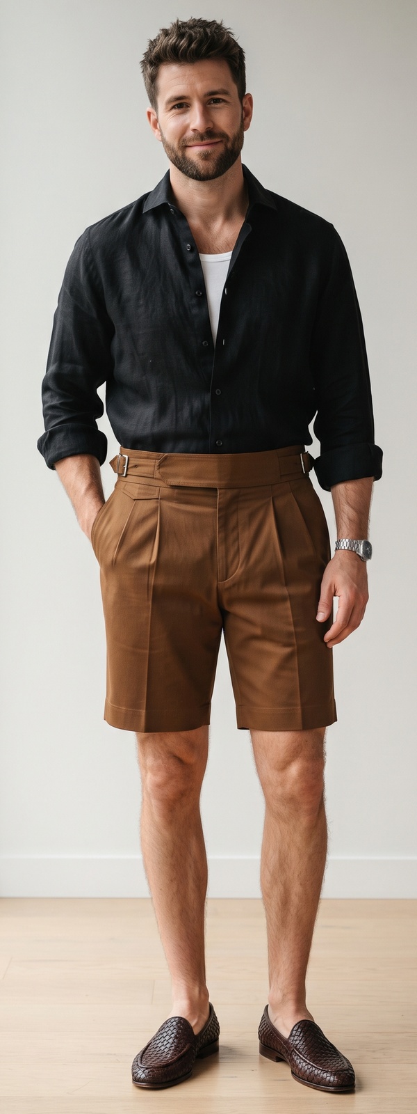 Black Linen Shirt with Cognac Gurkha Shorts and Woven Loafers