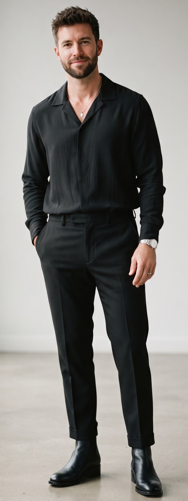 All-Black Long-Sleeve Camp-Collar Shirt With Tailored Dress Pants and Chelsea Boots