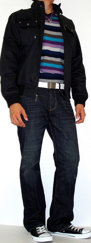 Black Military Field Jacket with Striped Crewneck Sweater and Bootcut Jeans Casual Outfit