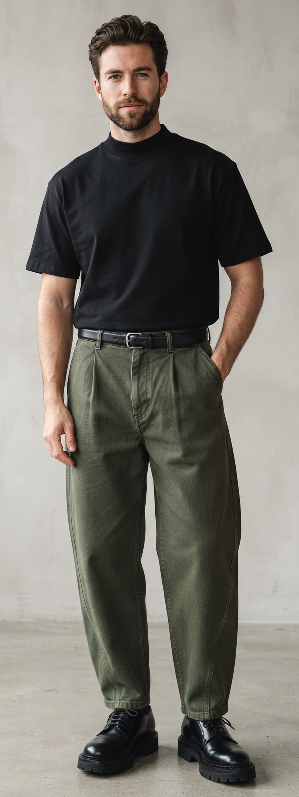 Black Mock Neck T-Shirt with Olive Green Pleated Balloon Pants