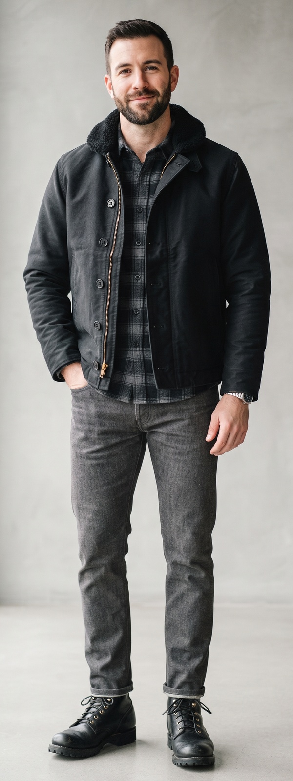 Monochrome Black N-1 Deck Jacket and Plaid Flannel Shirt With Grey Jeans