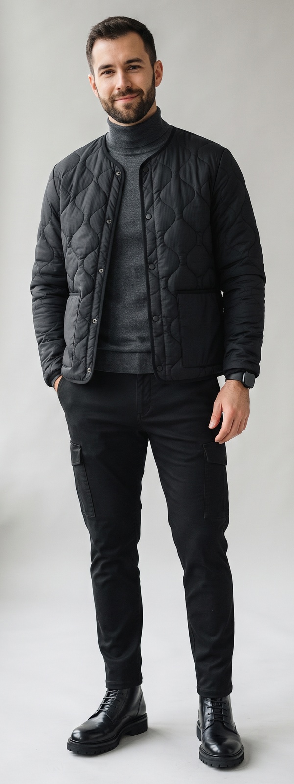 Black Quilted Collarless Liner Jacket Over Charcoal Turtleneck With Black Cargo Pants