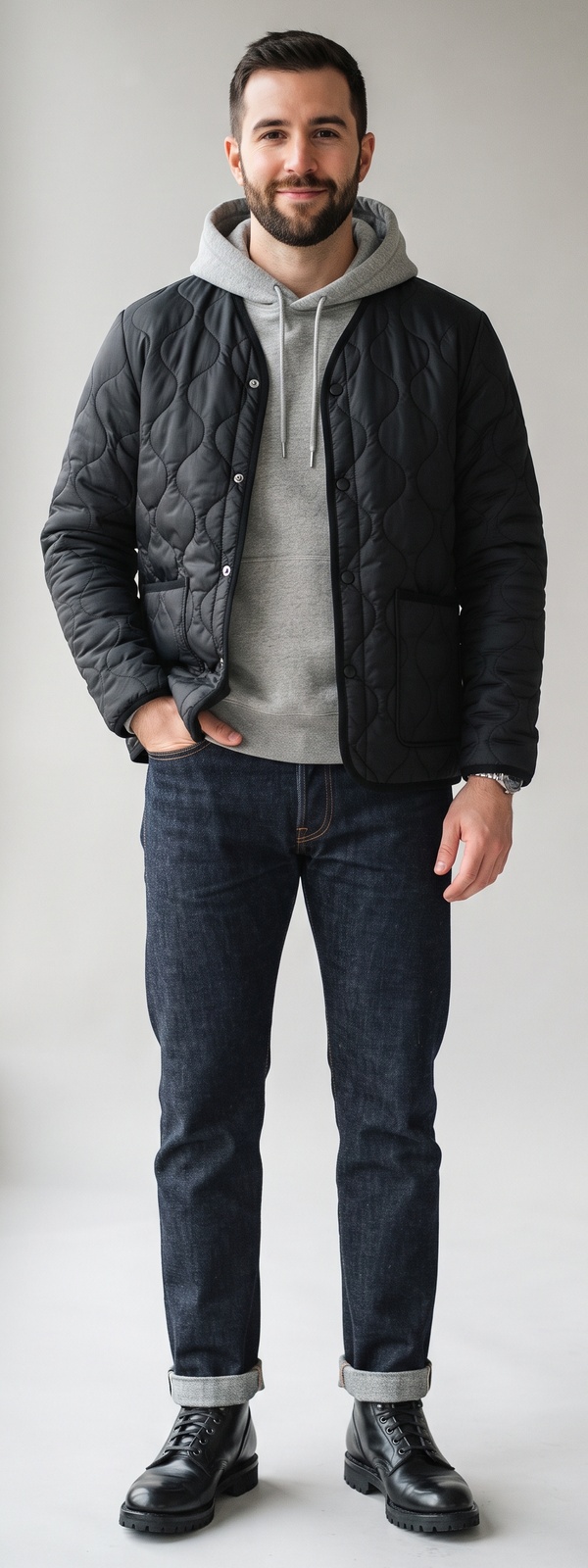 Black Quilted Collarless Liner Jacket Over Heather Grey Hoodie With Cuffed Selvedge Jeans