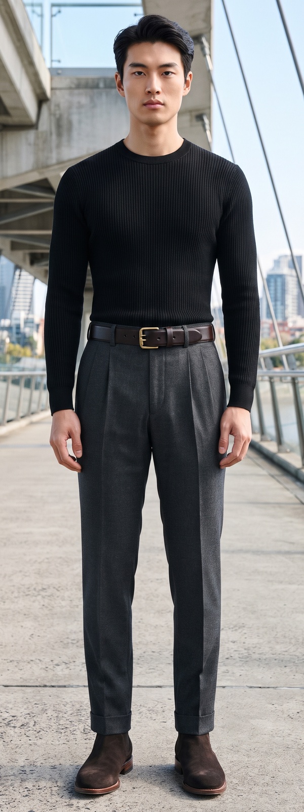 Black Ribbed Crewneck Sweater with Grey Flannel Dress Pants