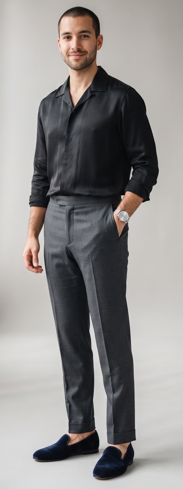 Black Silk Long-Sleeve Camp Shirt With Charcoal Dress Pants and Navy Velvet Loafers