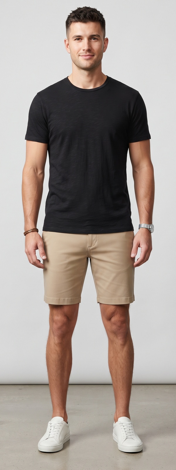 Black Slub Cotton Tee and Khaki Chino Shorts Summer Look