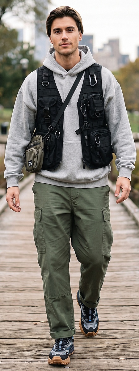 Urban Techwear Black Tactical Vest and Olive Cargo Pants Park Outfit